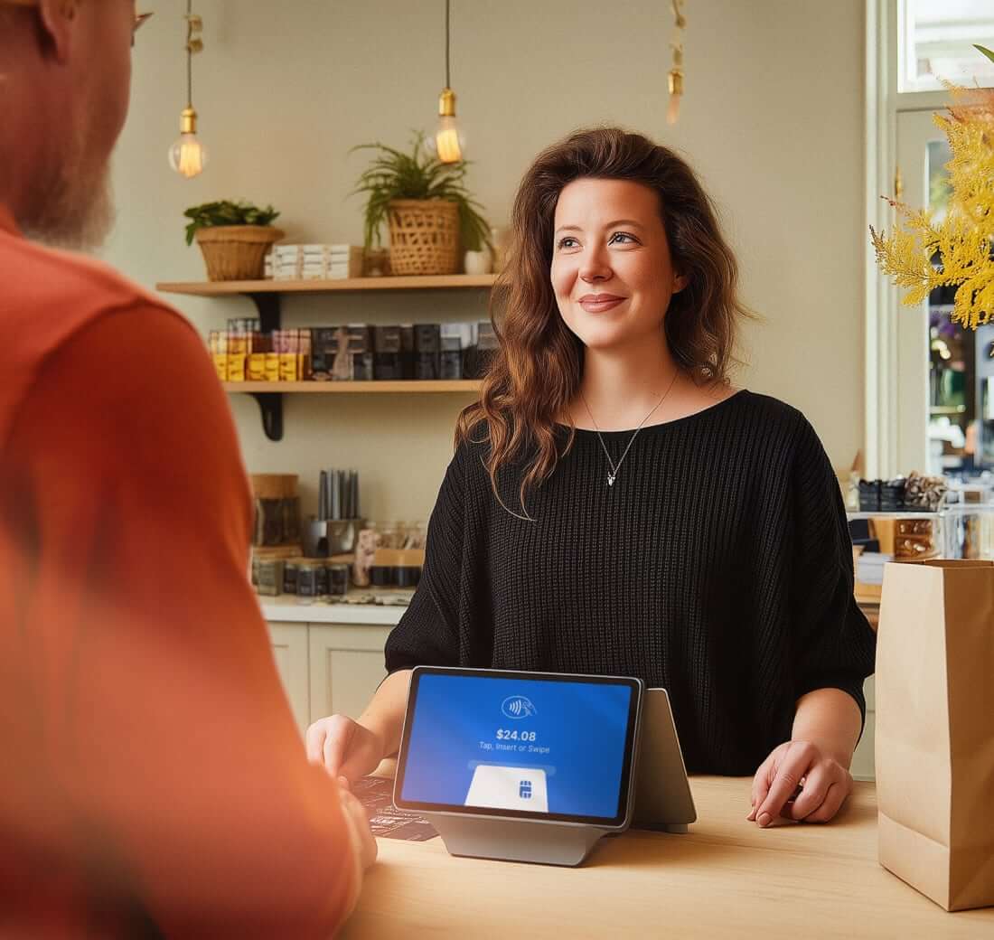 Female business owner engaging with a customer.