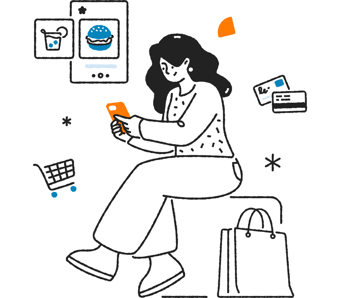 An illustration of a woman on her phone doing online shopping