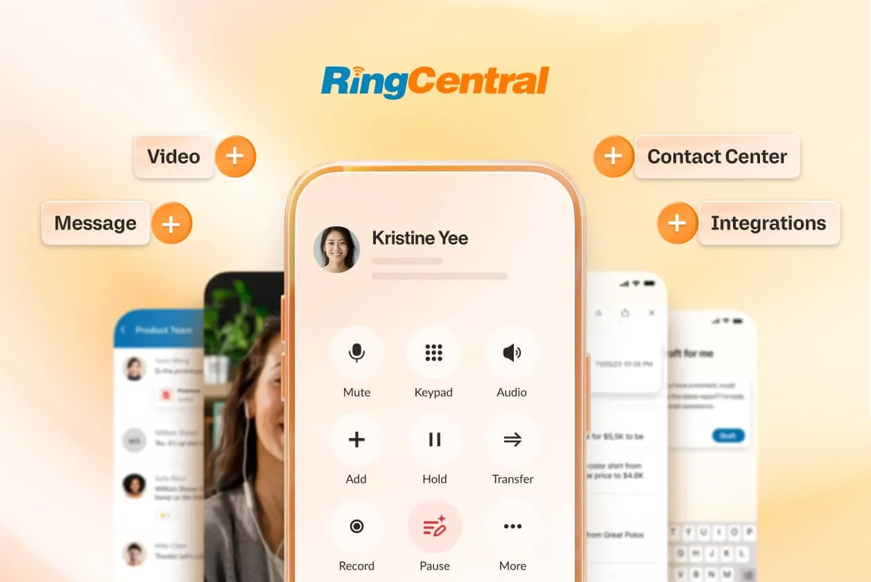 RingCentral app listing features: message, video, contact center adn integrations