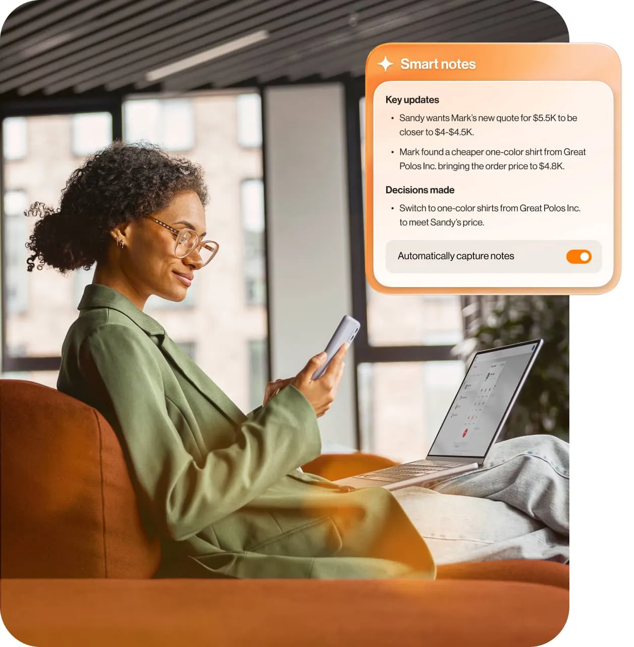 A female remote worker using RingCentral's AI Writer to craft a message with a friendly tone.