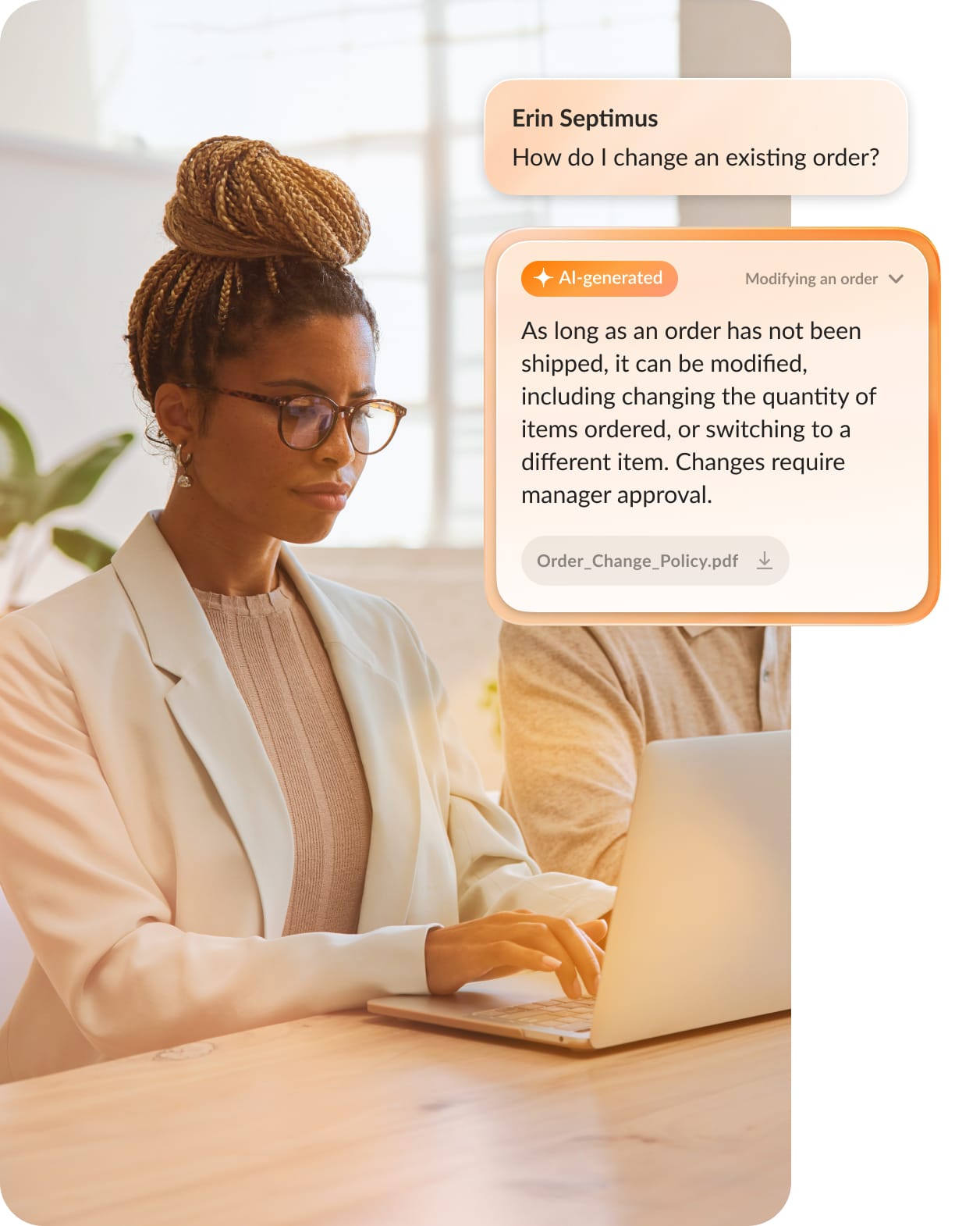 RingCentral RingCX AI Assist-generated reply in use by a woman answering a client about changing an existing order
