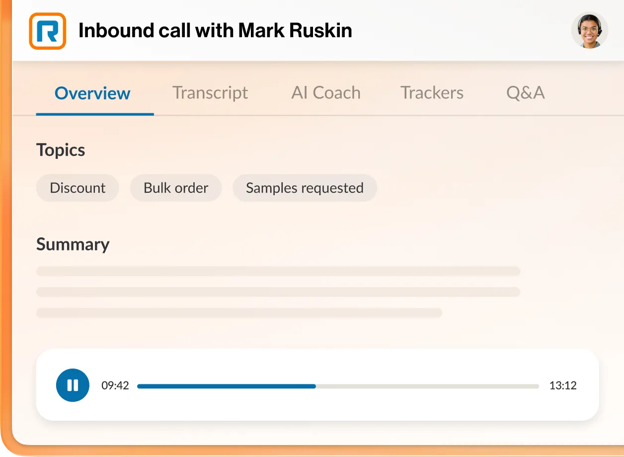 The inbound call overview tab with summary and call recording