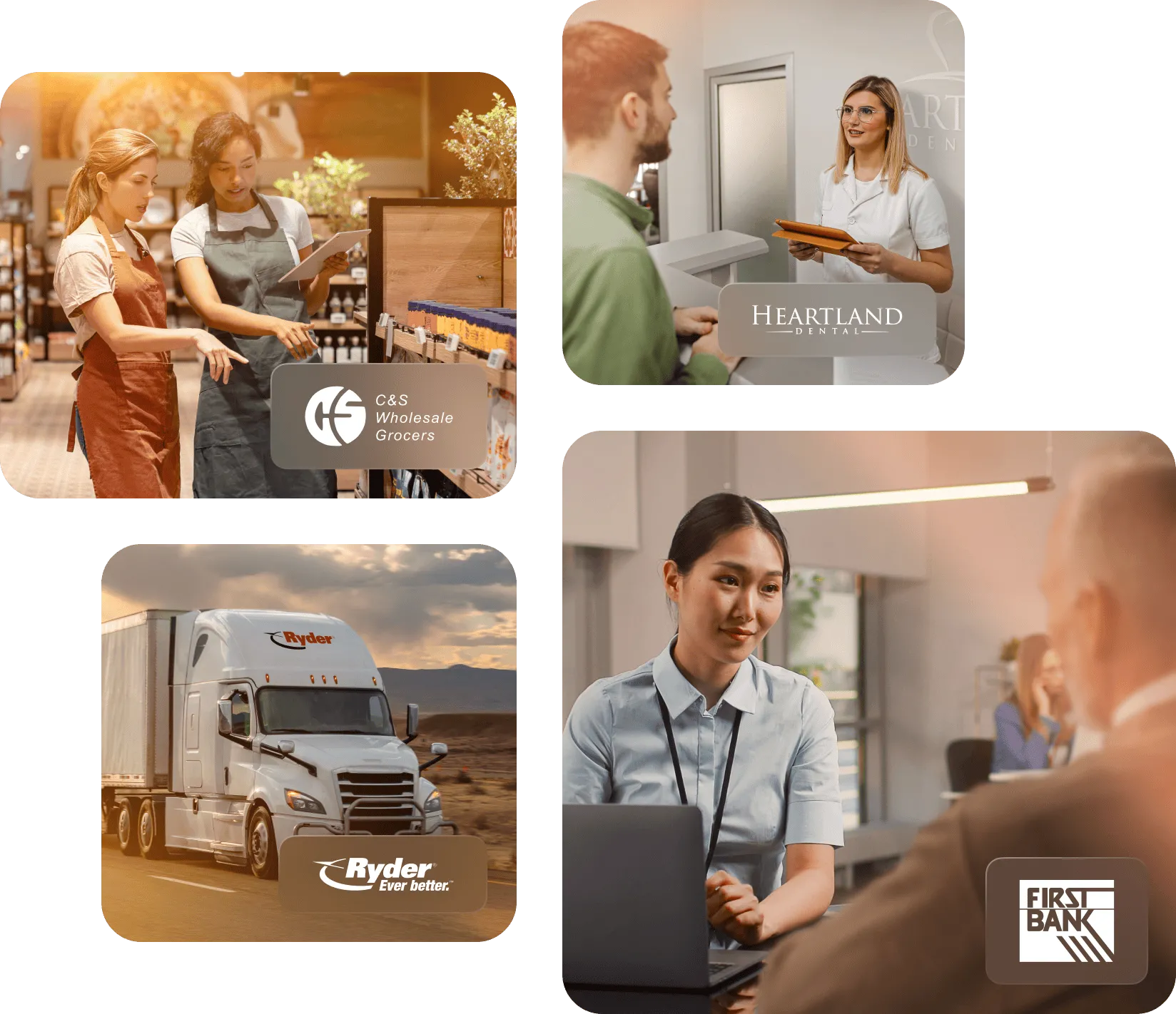 Group of images: A man smiling at his laptop viewing his online investments; A female doctor talking to a patient talking to her male patient; Ryder truck; Female bank teller speaking to client