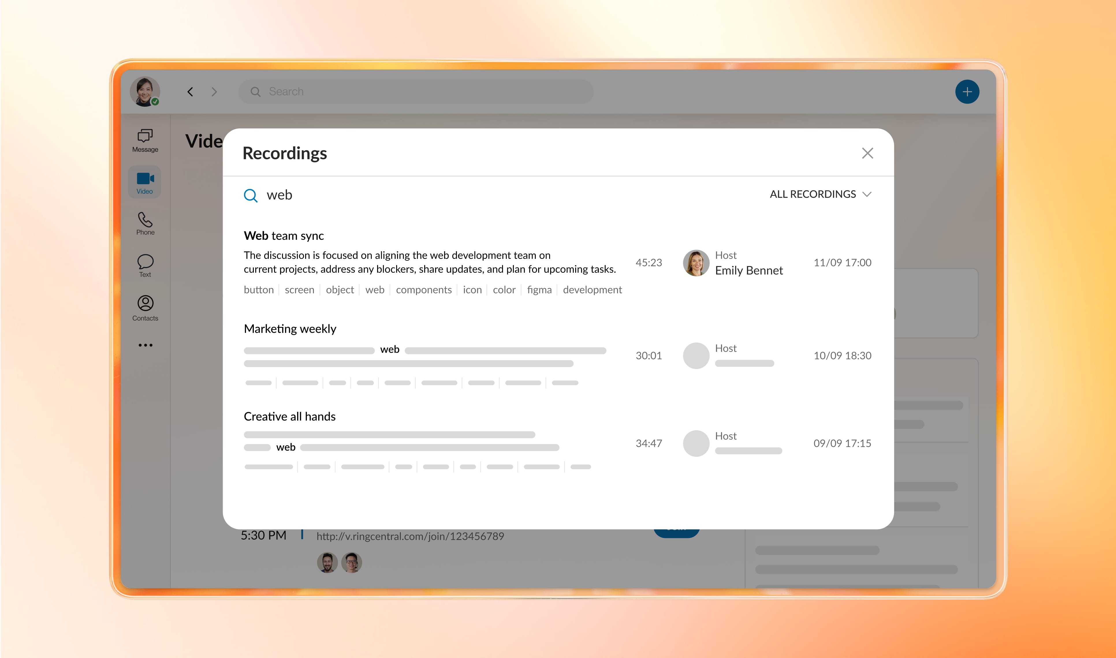 List of call recordings displayed on RingCentral desktop app