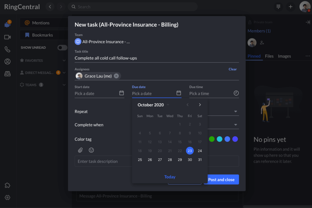 RingCentral’s desktop and mobile app lets you create chats and assign tasks.
