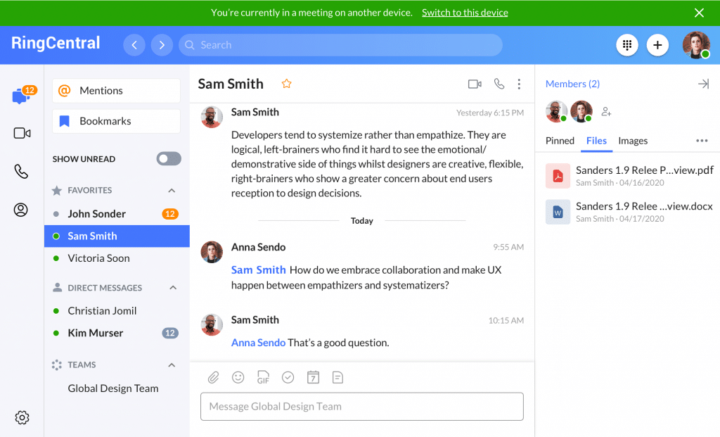 switching a meeting between devices in ringcentral