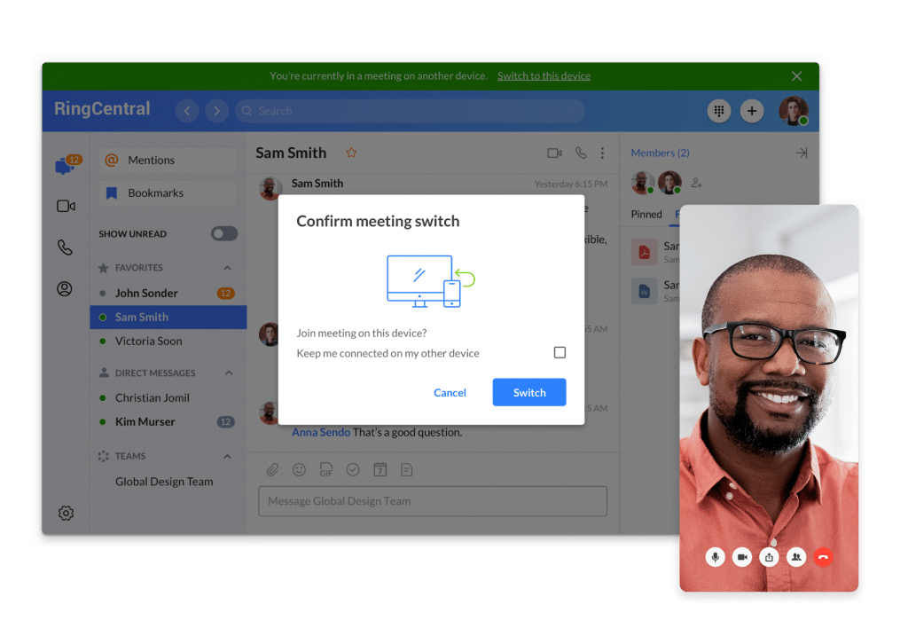 RingCentral Office® allows users to easily switch from text to video in the same app.