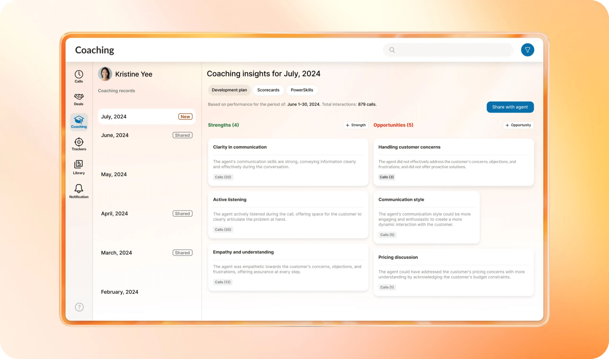 AI Conversation Expert analyzes customer calls and provides coaching insights like strengths and opportunities