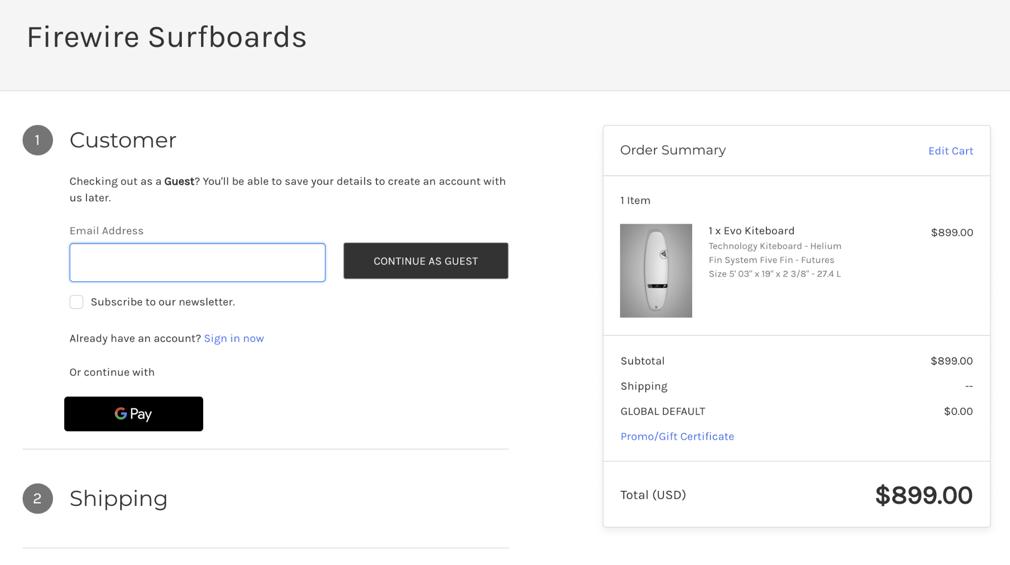 Firewire Surfboards distraction-free checkout page