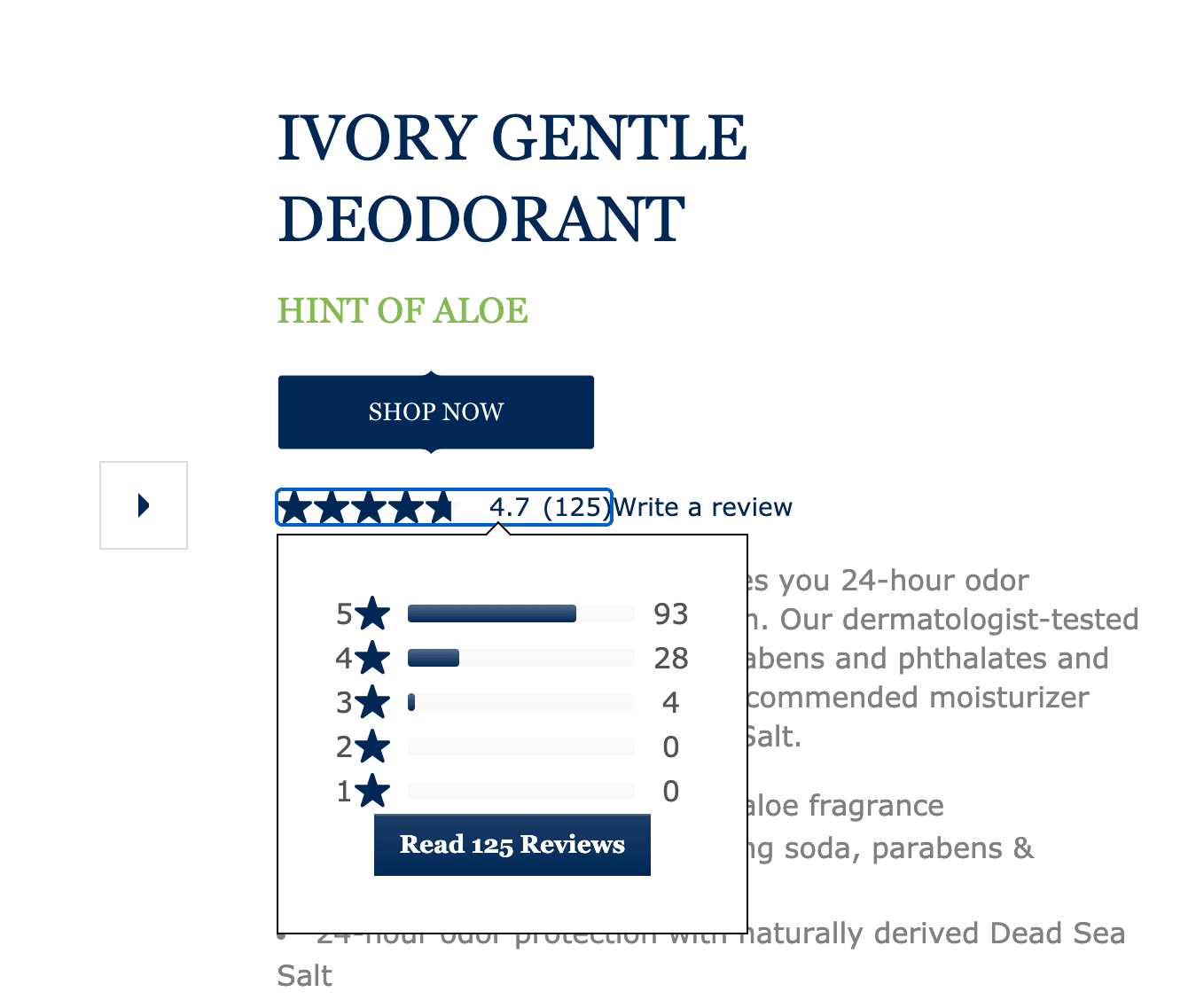 Check out how Ivory places the star rating, number of reviews, and links to reviews in a key location on its pages.