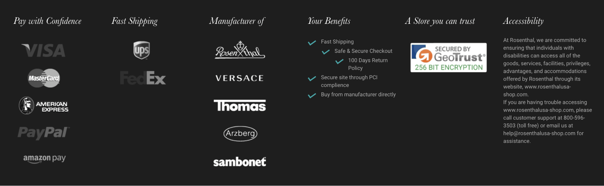 Rosenthal uses badges to illustrate payment methods, shipping methods, site security, and manufacturer partnerships.