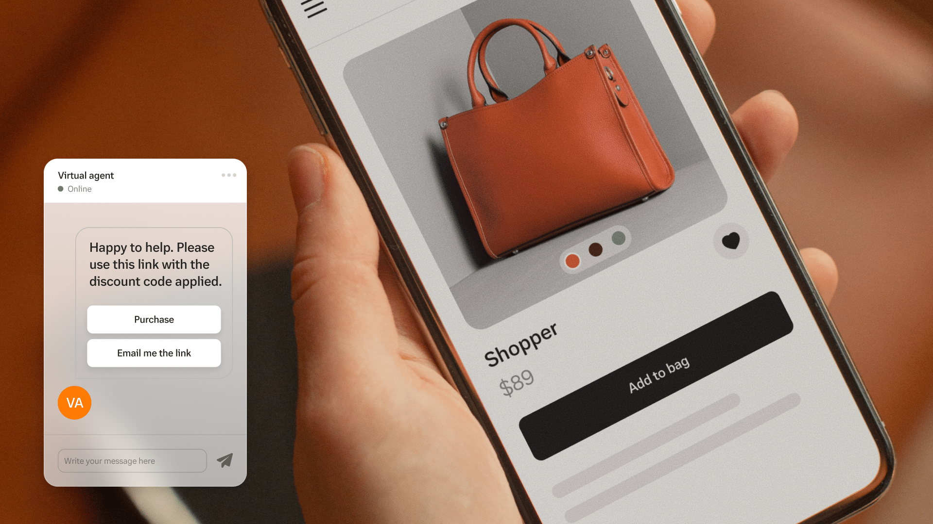 A smartphone showing a retail app with an AI virtual agent offering a discount code for a product.