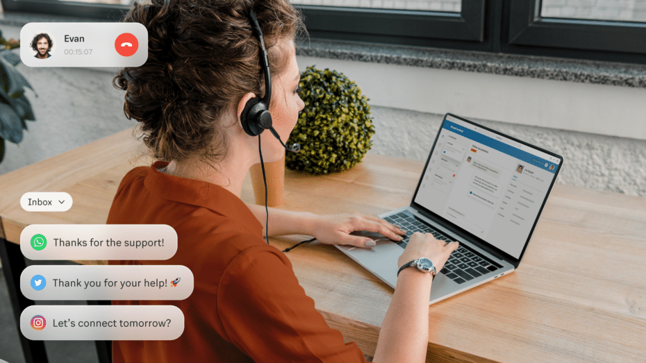 A contact center agent managing a unified inbox on a laptop.
