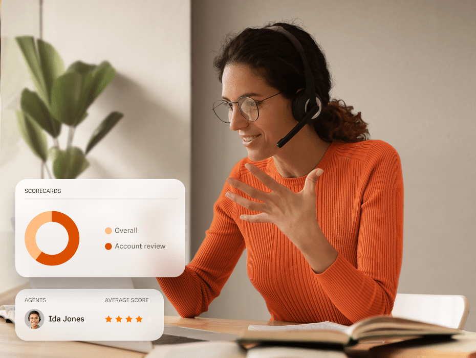 A customer service representative wearing a headset speaking at her desk, overlaid with floating scorecard and 4-star agent rating graphics.