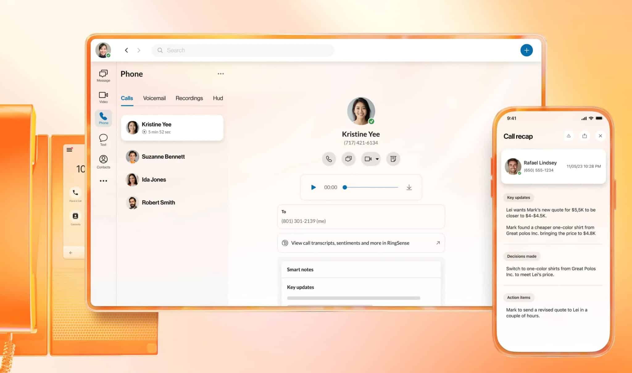 RingCentral RingEX call recap dashboard on desktop and mobile showing smart notes, key updates, and action items from a recorded phone call.