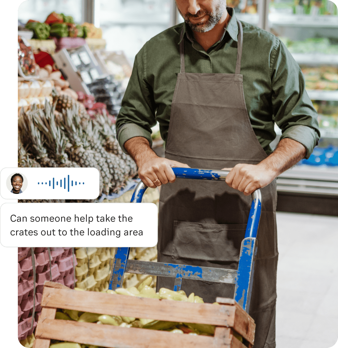 RingCentral for frontline workers: Grocery floor worker getting walkie talkie request from manager