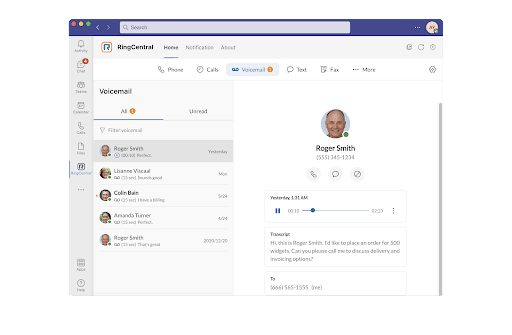RingCentral for Microsoft Teams - voicemail UI