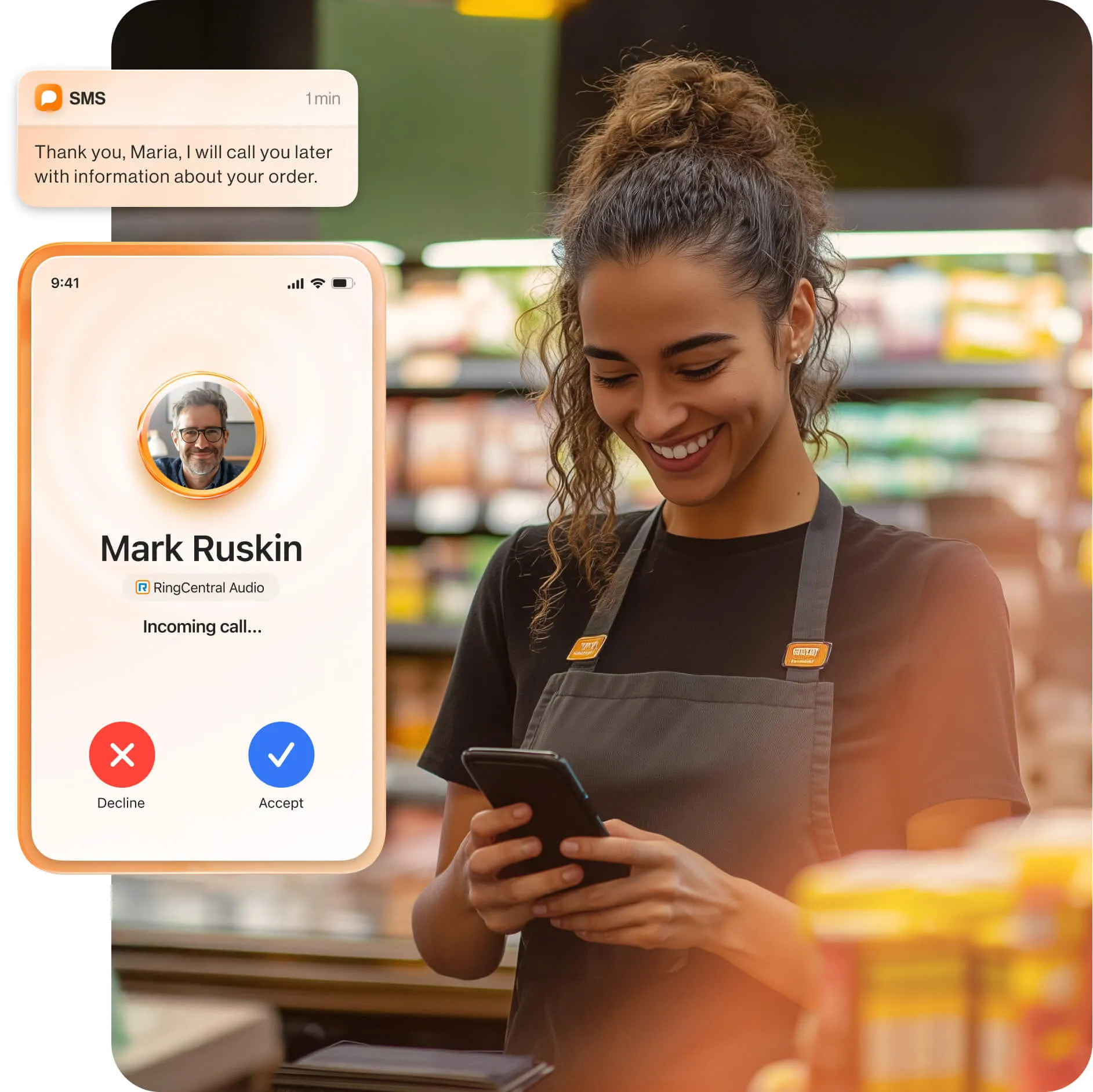A person looking at her cell phone, which shows an incoming call and a text message thanking her for her order