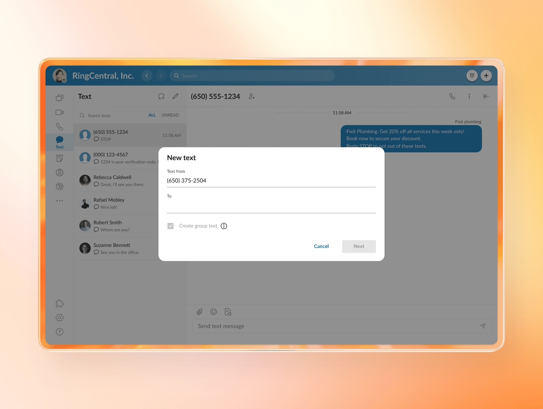 Sending a new text message in Ringcentral app