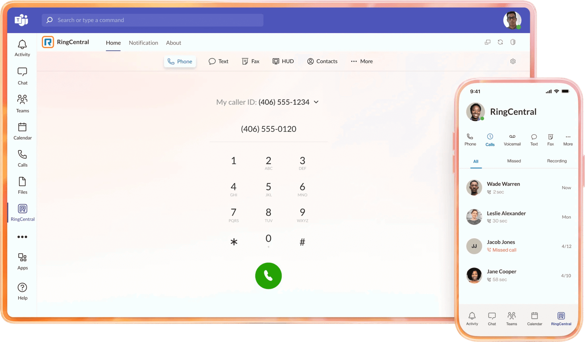 A Microsoft Teams window with the RingCentral logo, indicating the ability to use RingCentral to call, text, or fax