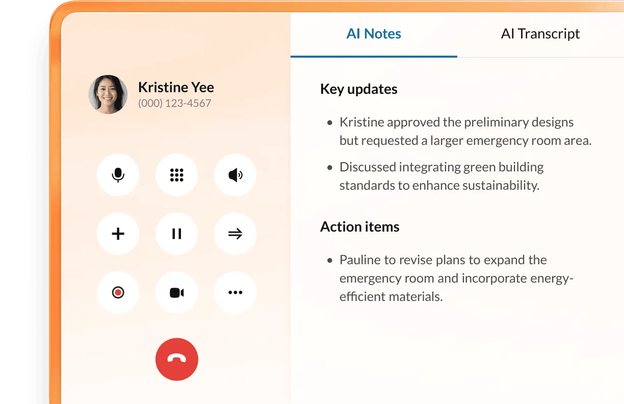 The AVA dashboard, showing a call with Kristine Yee and an AI summary with action items based on the call transcript