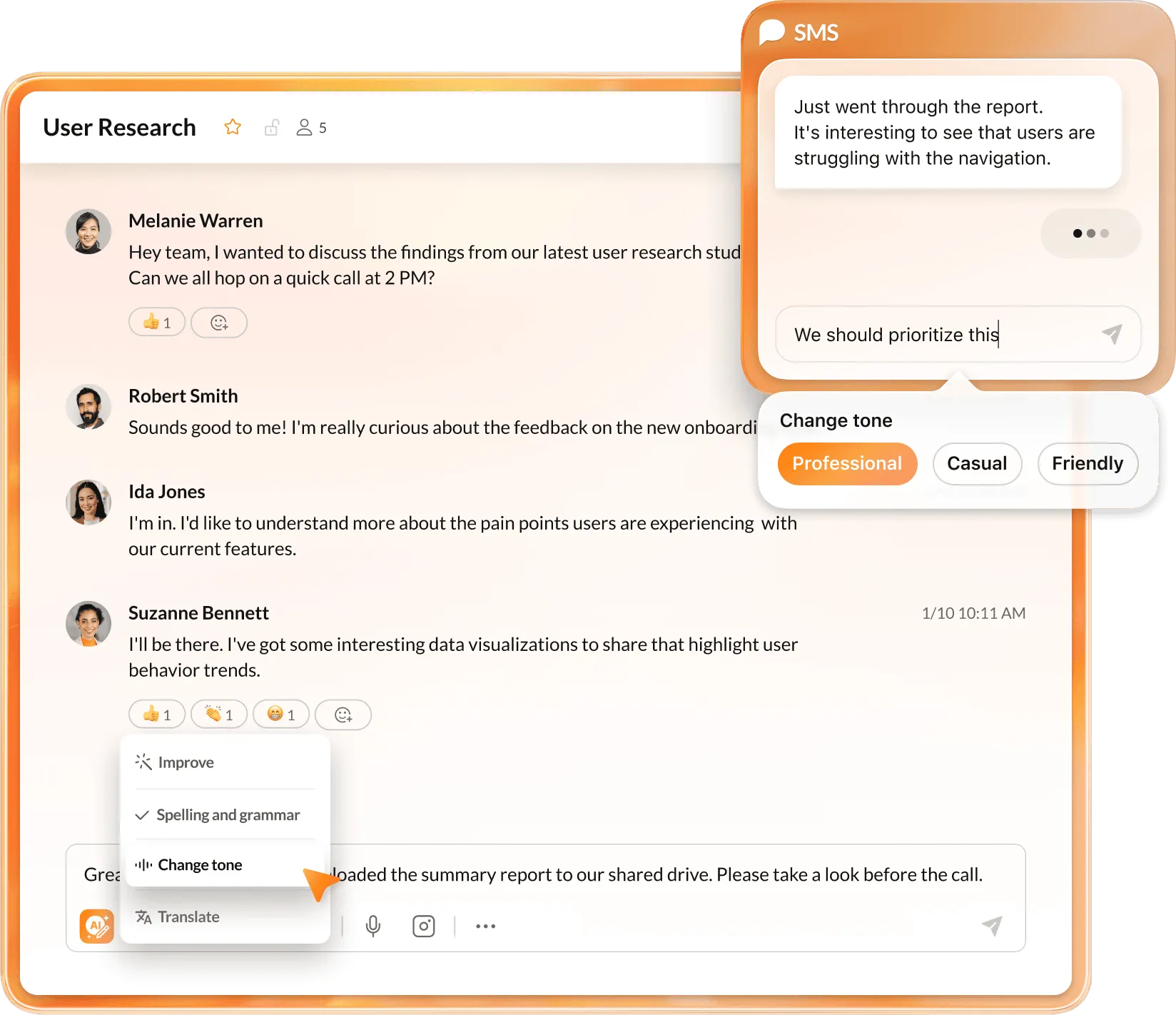 The AVA dashboard showing a team chat with AI prompts to change the tone, check spelling and grammar, or translate