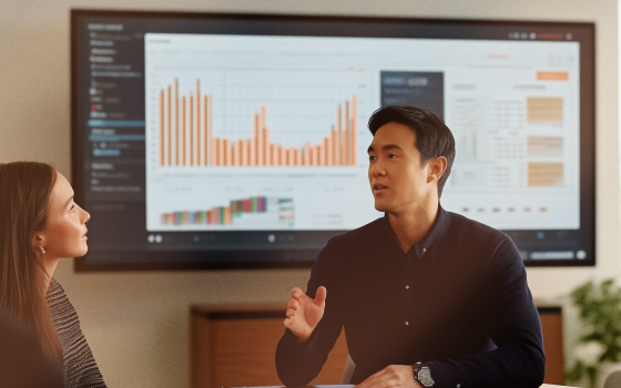 People sitting at conference table in front of stats