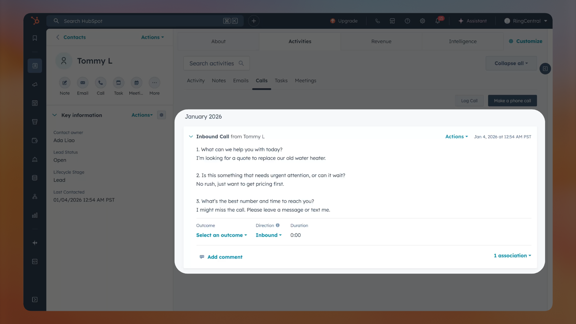 RingCentral AI Receptionist Lead capture (Hubspot CRM)