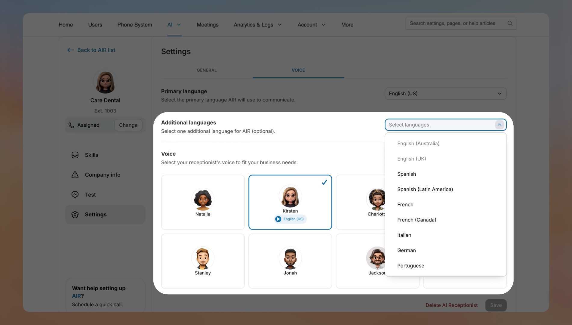 RingCentral AI Receptionist new languages