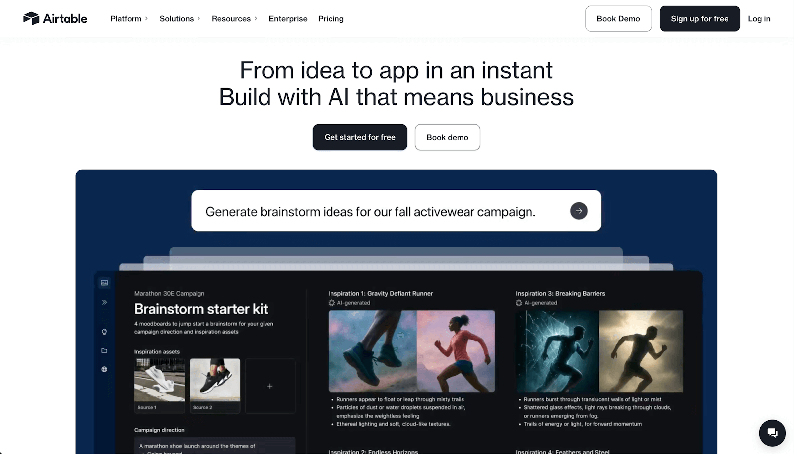 Airtable homepage showing AI brainstorming tools and campaign moodboards