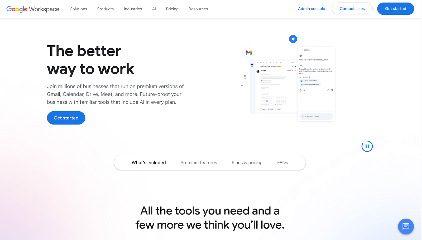 Google Workspace homepage promoting AI-powered productivity tools like Gmail, Drive, and Meet