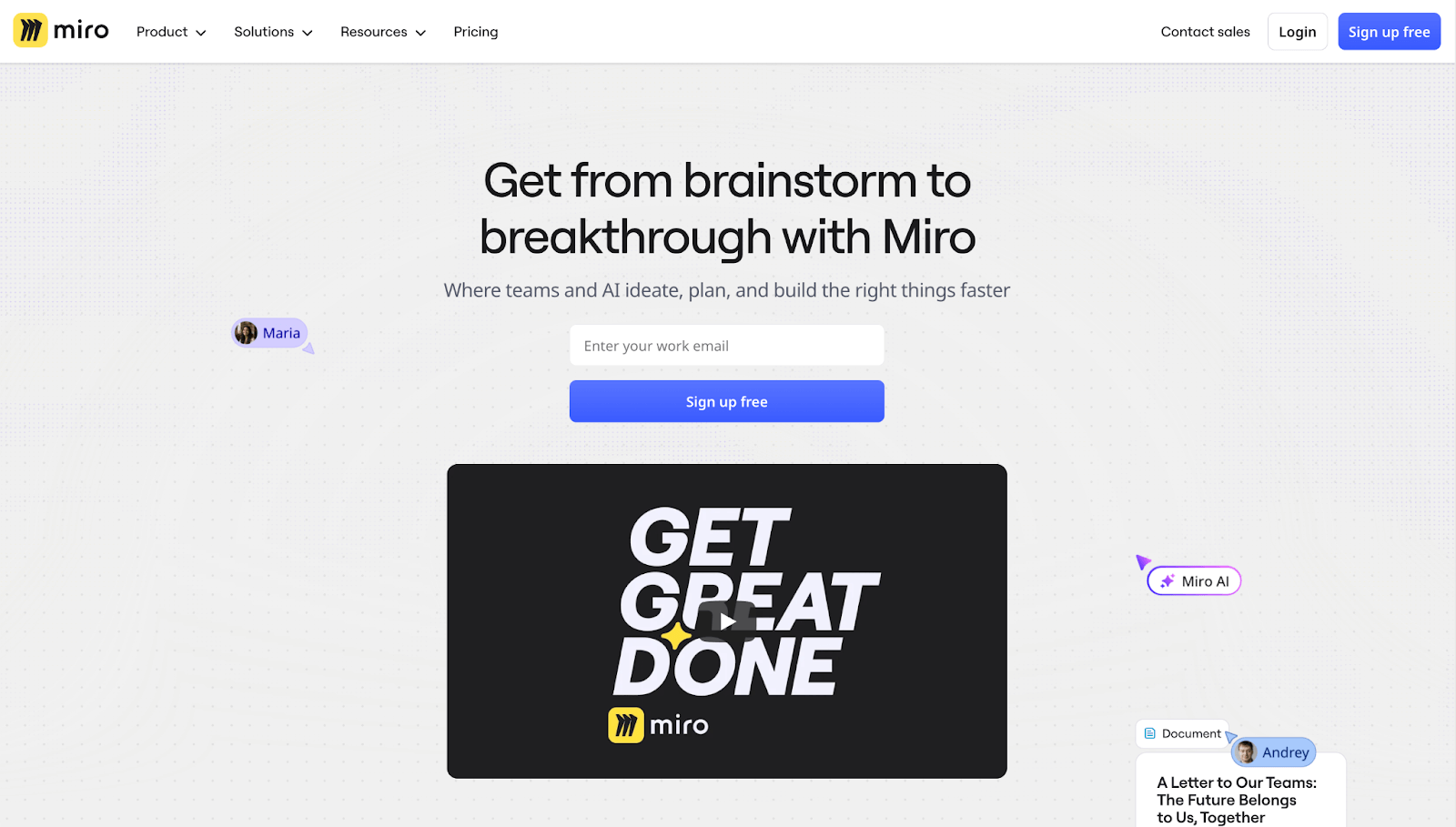 Miro homepage featuring AI-powered brainstorming tools and a “Get Great Done” video preview