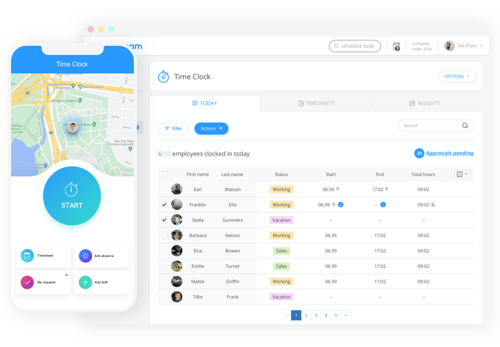 Connecteam’s time clock app and dashboard showing employee metrics, like their status and total hours