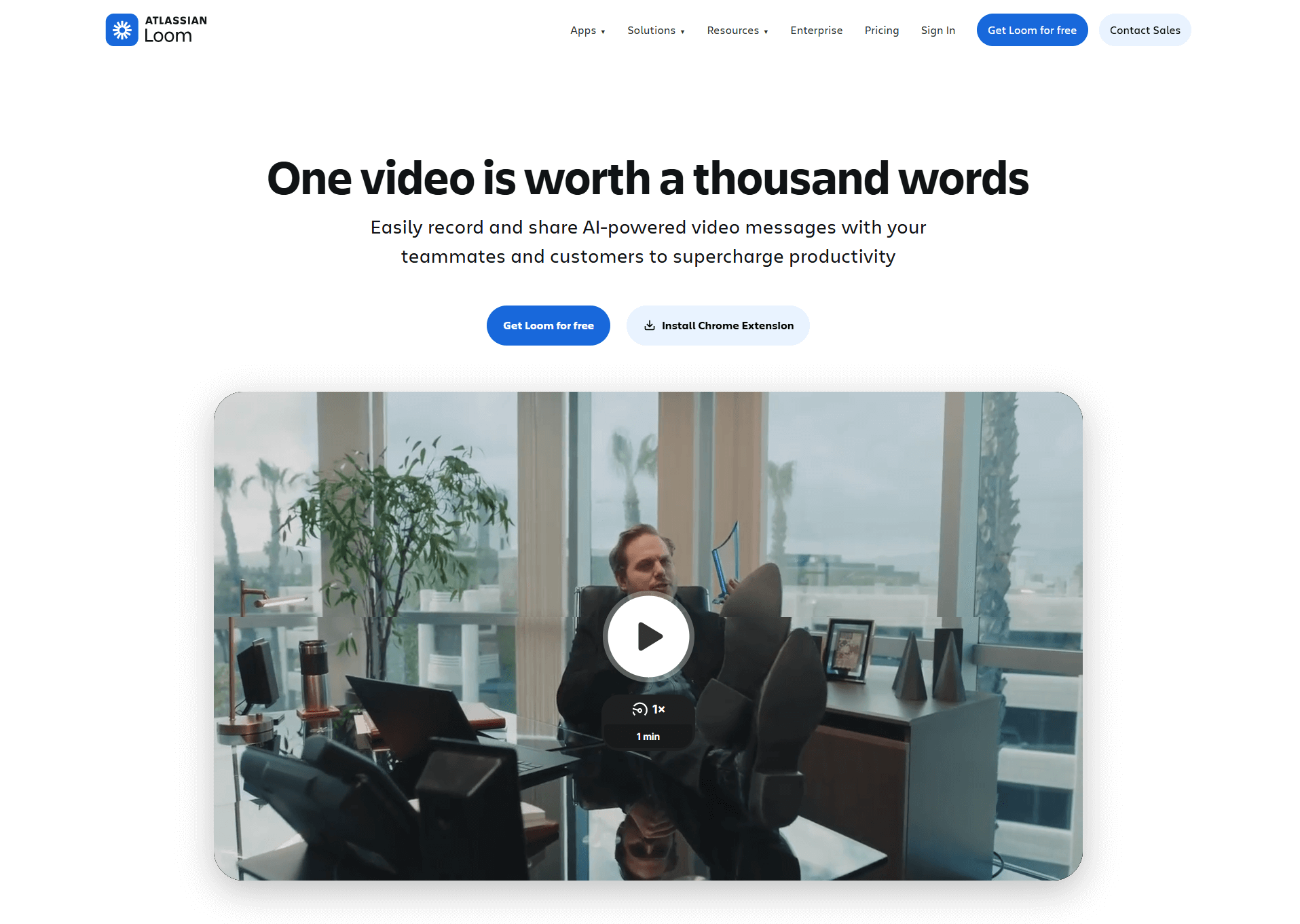 Loom homepage highlighting AI video messaging with a large video preview and signup buttons