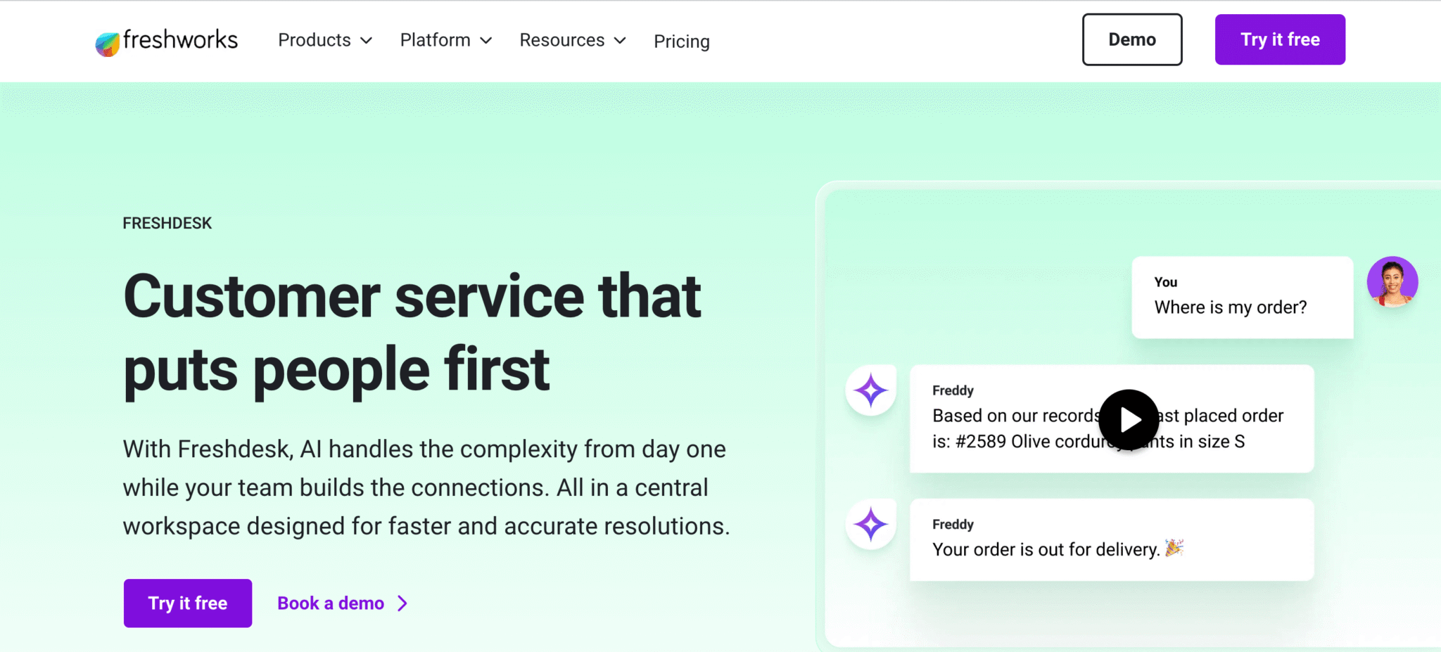 The Freshdesk landing page