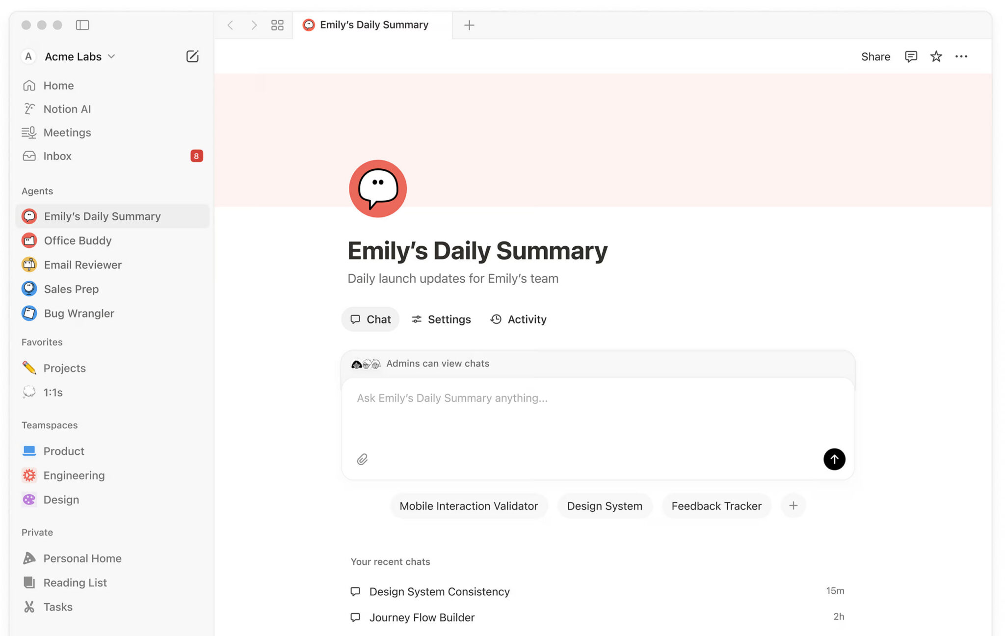 Notion AI interface showing an AI agent summarizing updates and organizing work inside Notion