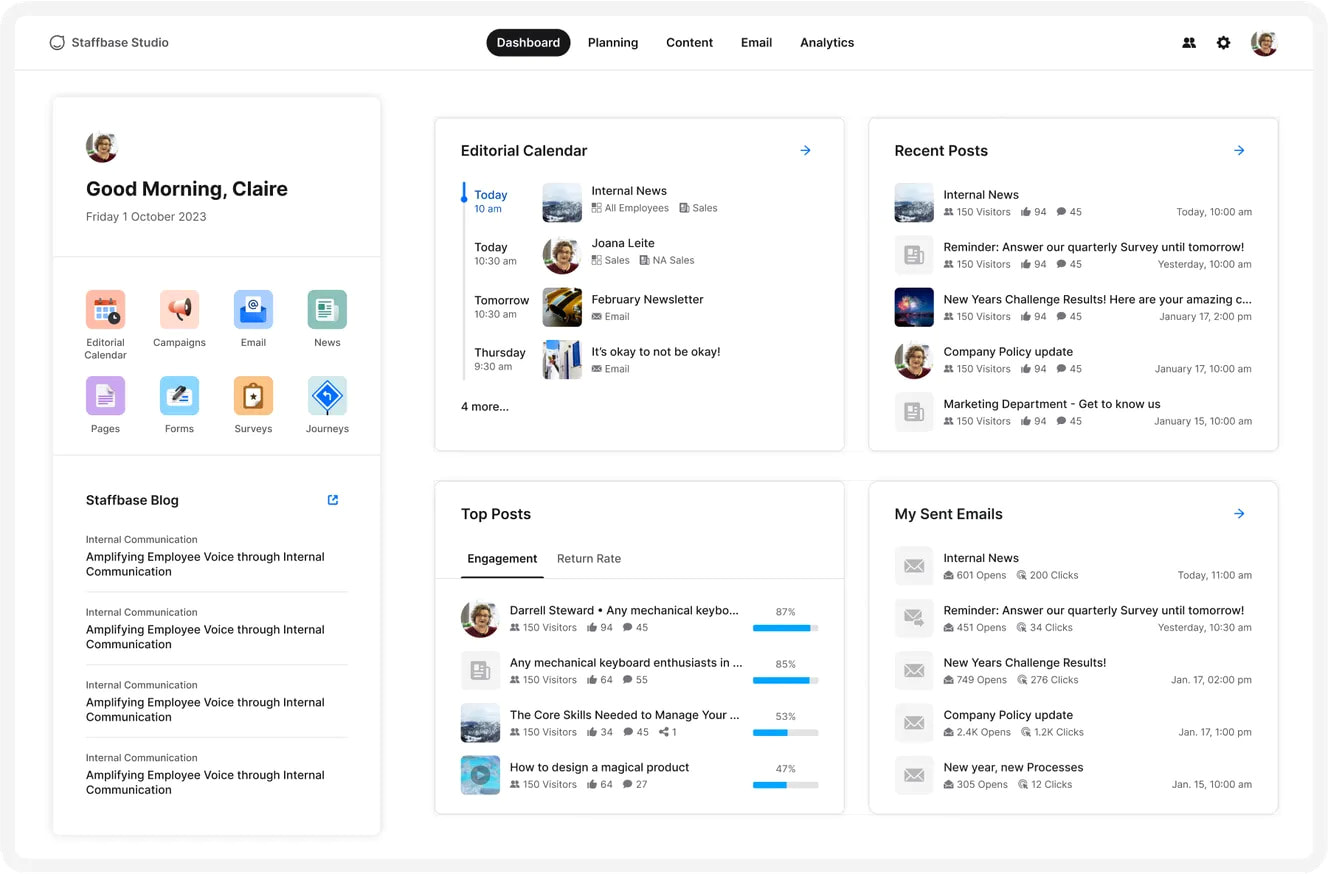 Staffbase dashboard showing editorial calendar and shortcuts to tools like campaigns and pages