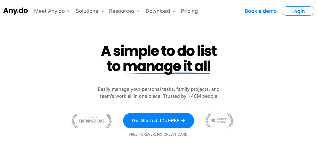 The Any.do homepage, showing a tagline of “A simple to do list to manage it all"