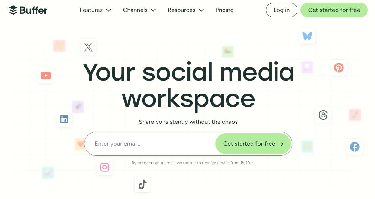 The Buffer homepage, showing multiple social media icons and the tagline “Your social media workspace”