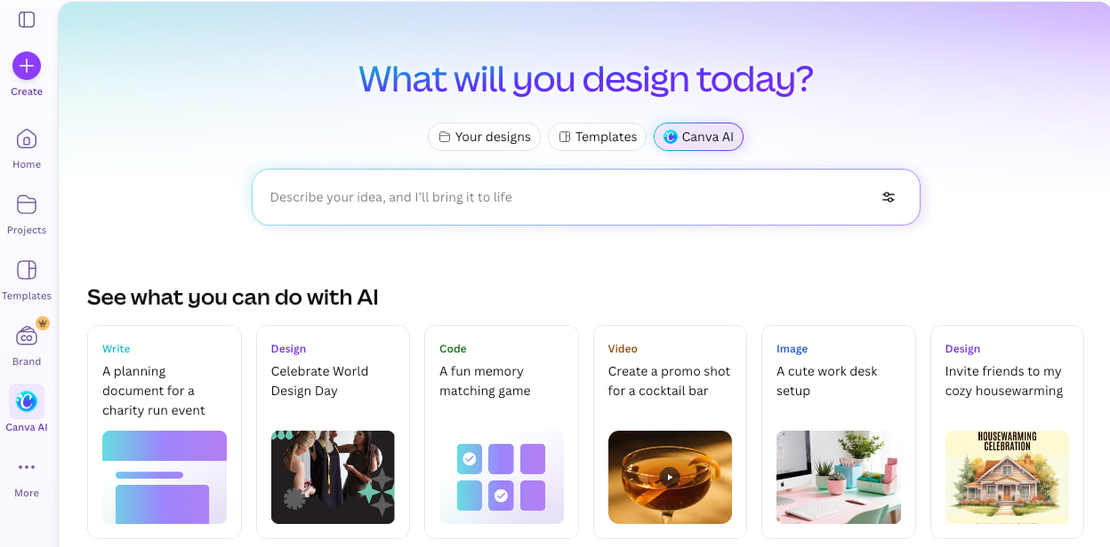 The Canva AI dashboard showing prompts to plan an event, write code for a game, and create a promo video