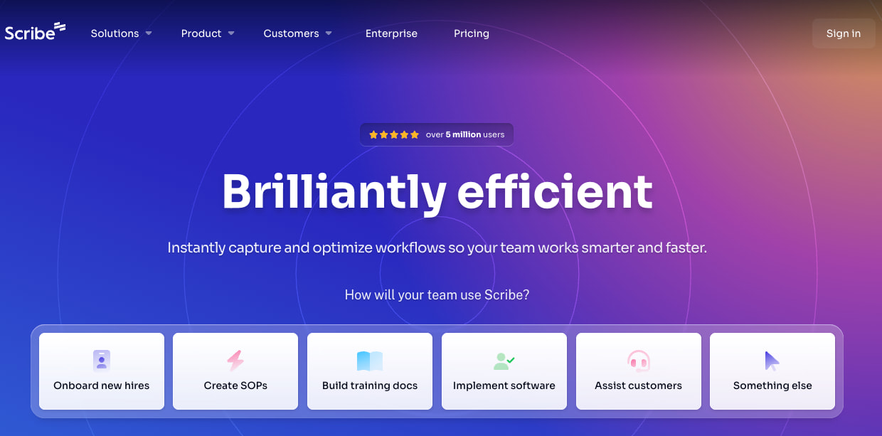 The Scribe homepage, showing documentation use cases, including onboarding, training, and customer assistance
