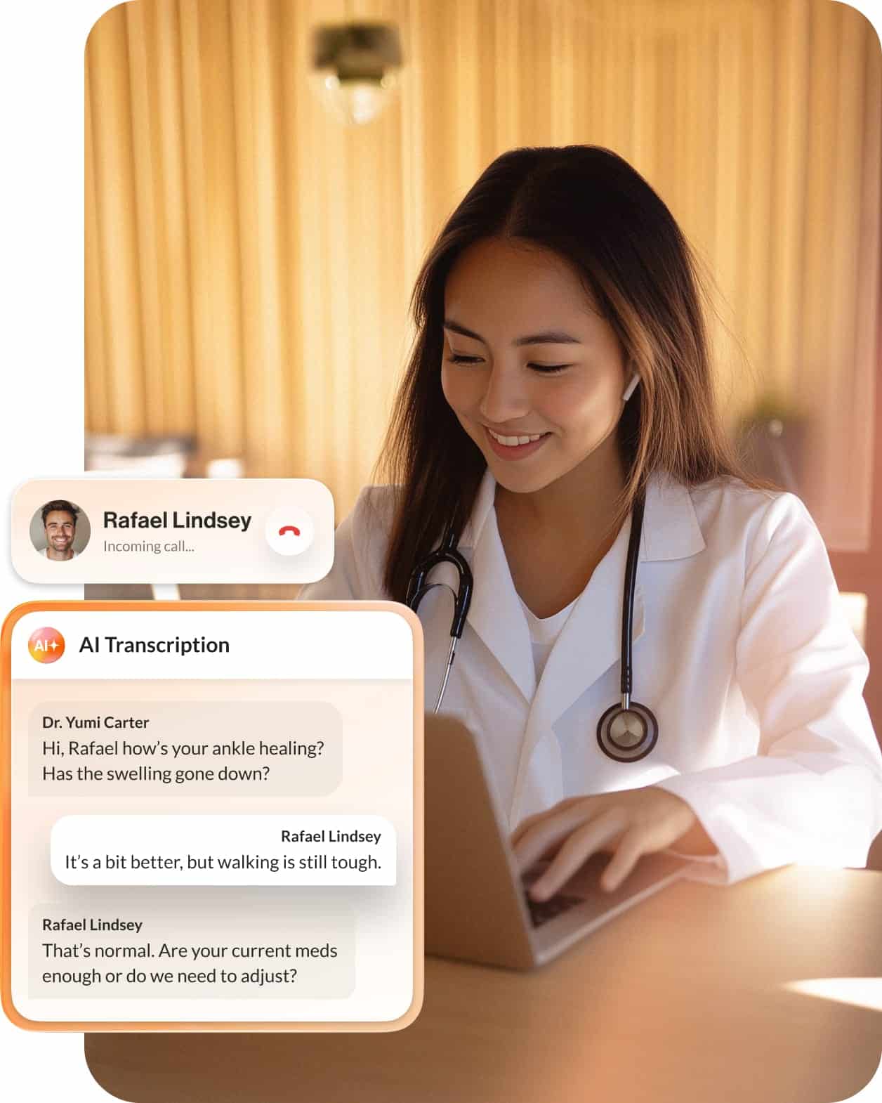 A doctor takes a call from a patient while AI transcribes and analyzes the conversation
