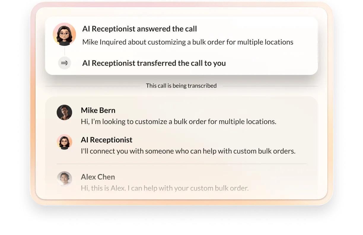 RingCentral’s AI Receptionist log shows the AI answering a call, gathering information from the customer, and routing the call plus context to an agent