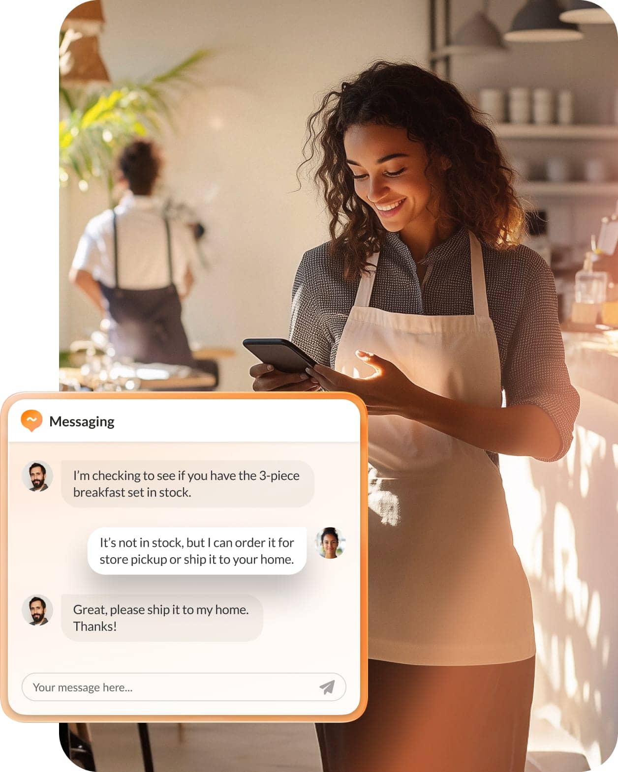 An in-store associate interacting with a customer over chat to check a product's inventory level and arrange shipping
