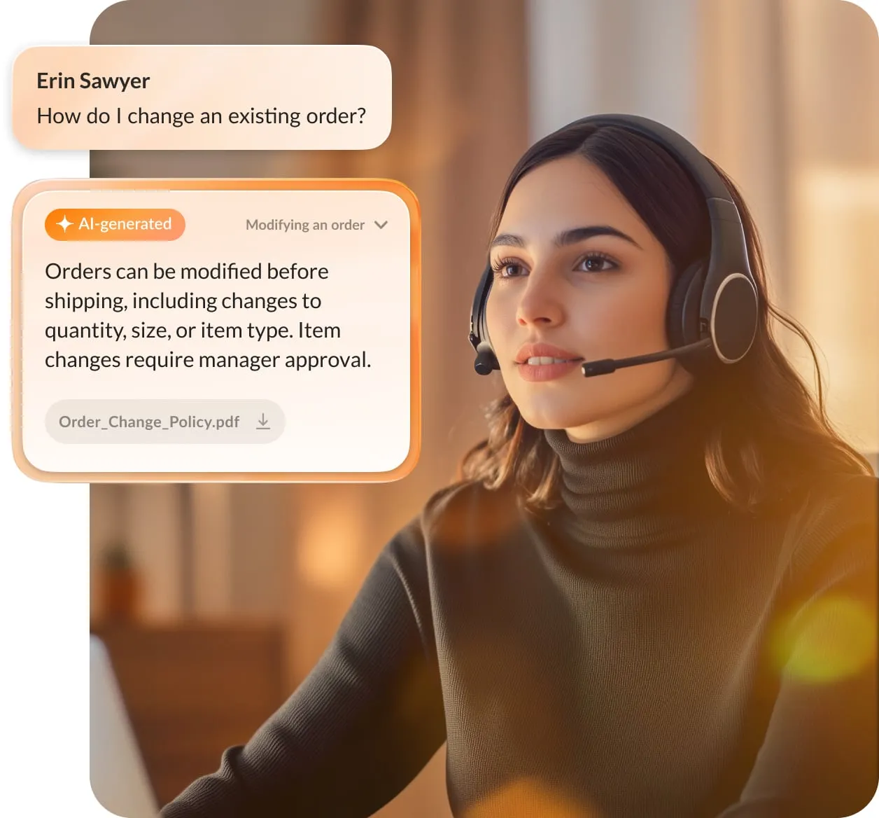 An AI-generated action item for a support agent with an Order Change Policy PDF and reminder that changes require approval
