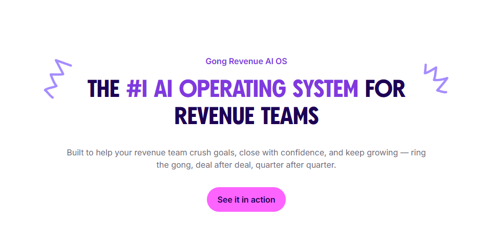 The Gong.io homepage with a headline that says '#1 AI Operating System for Revenue Teams,' and a see-it-in-action button