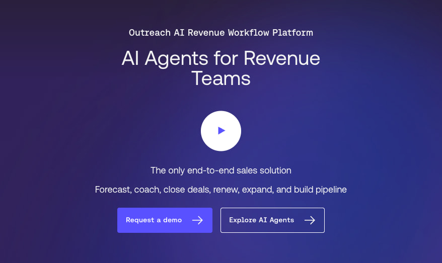 The Outreach.io homepage with the headline 'AI Agents for Revenue Teams' and buttons to request a demo or explore AI agents