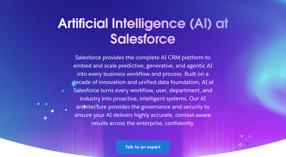 The Salesforce homepage explaining how it provides a complete AI platform to embed every business workflow and process