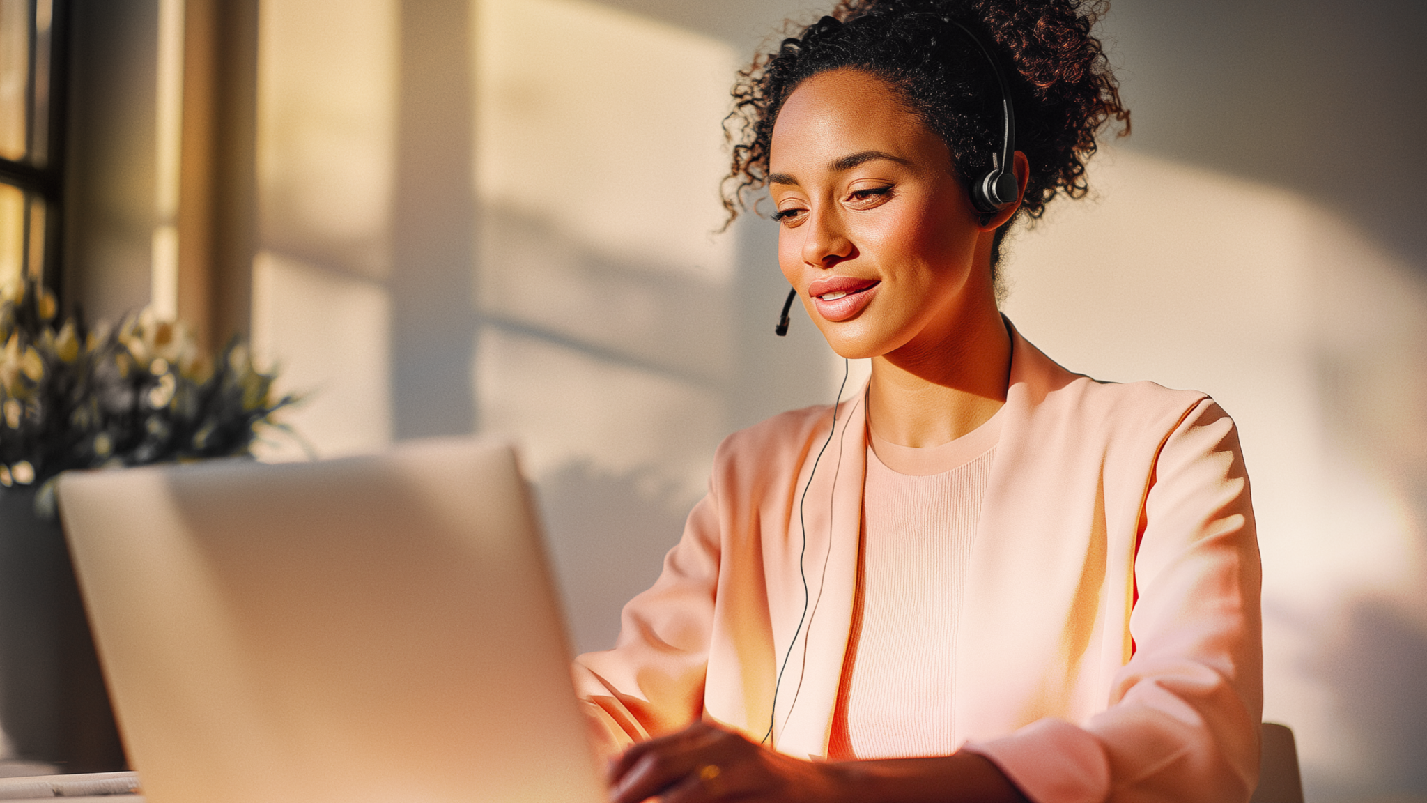 Close-up of a smiling customer support agent with curly hair, wearing a professional headset with a microphone.