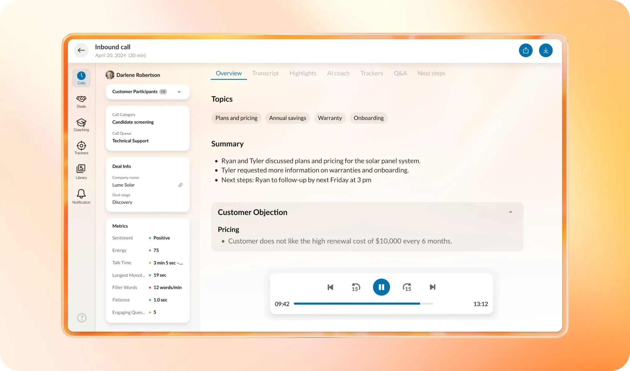 RingCentral ACE conversation intelligence dashboard displaying an inbound call overview, sentiment analysis metrics, customer objection trackers, and AI-generated meeting summaries.